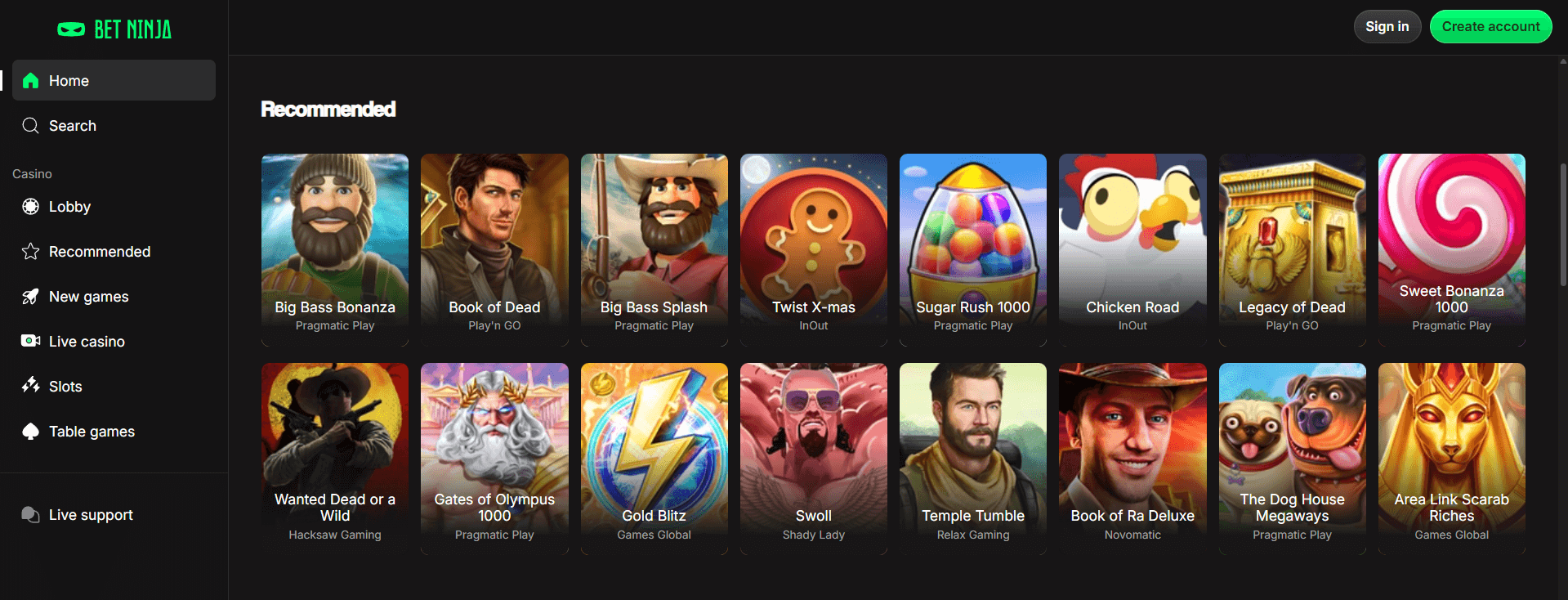 Betninja Casino frontpage showing recommended online pokies and site navigation