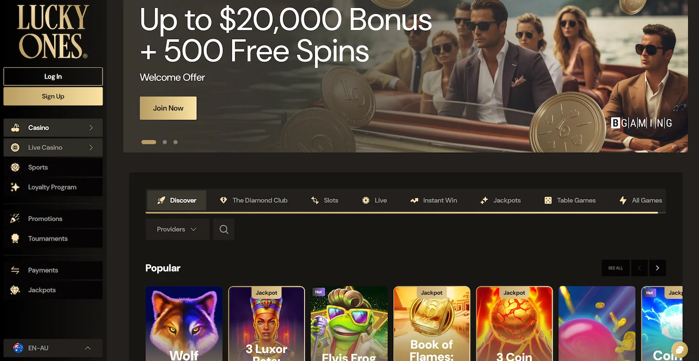 LuckyOnes homepage showing welcome bonus offer, selection of popular online pokies and site navigation