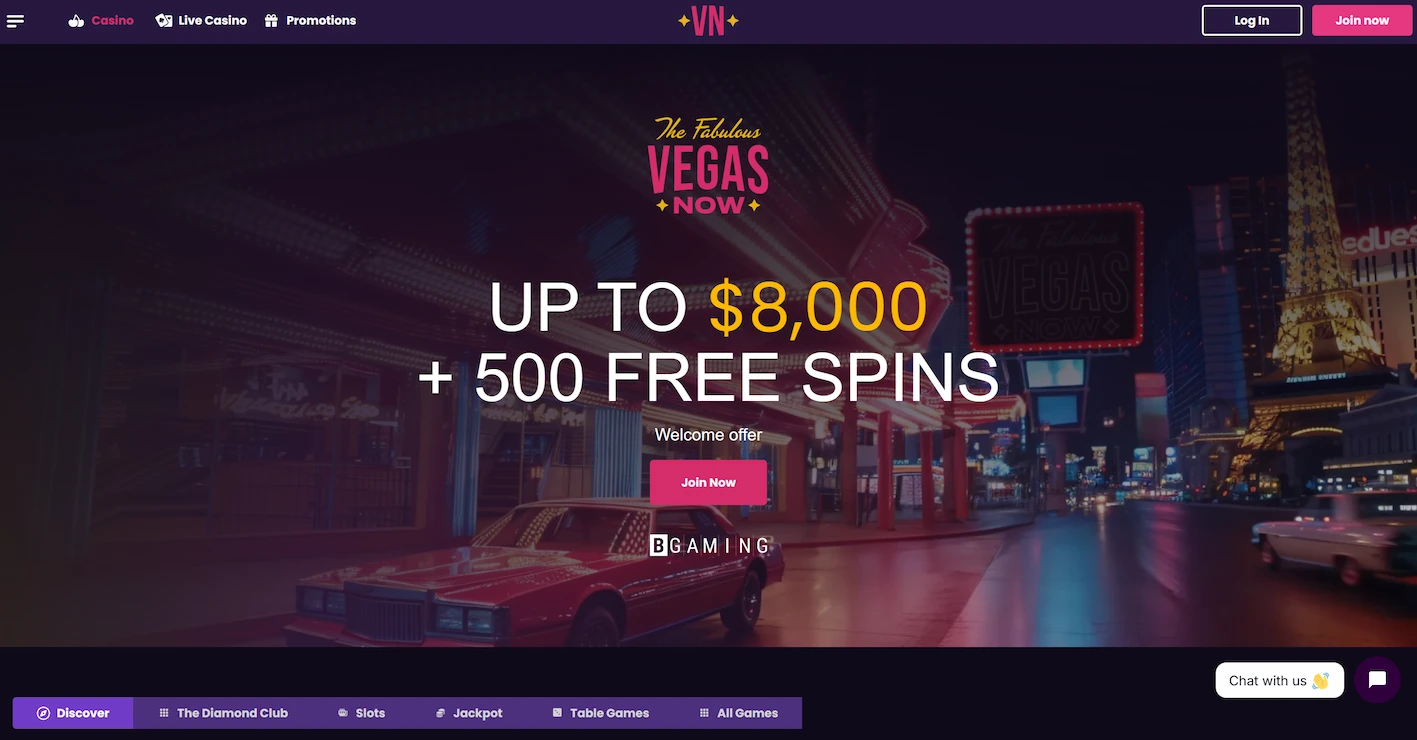 VegasNow frontpage showing welcome offer and site navigation
